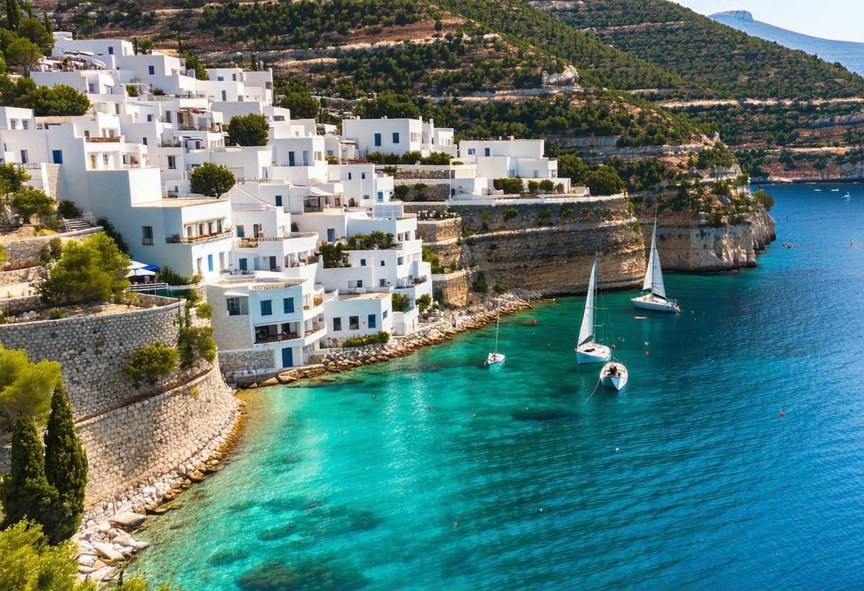 Kalkan harbour bay with white cubic houses on hillside above turquoise water
